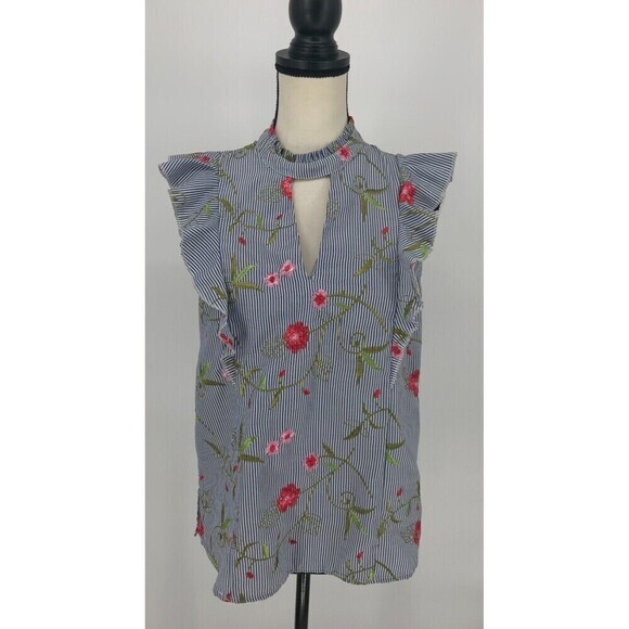 BCBGeneration Blue White Pinstripe Floral Embroidered High Neck Ruffle Top Small - Picture 9 of 12
